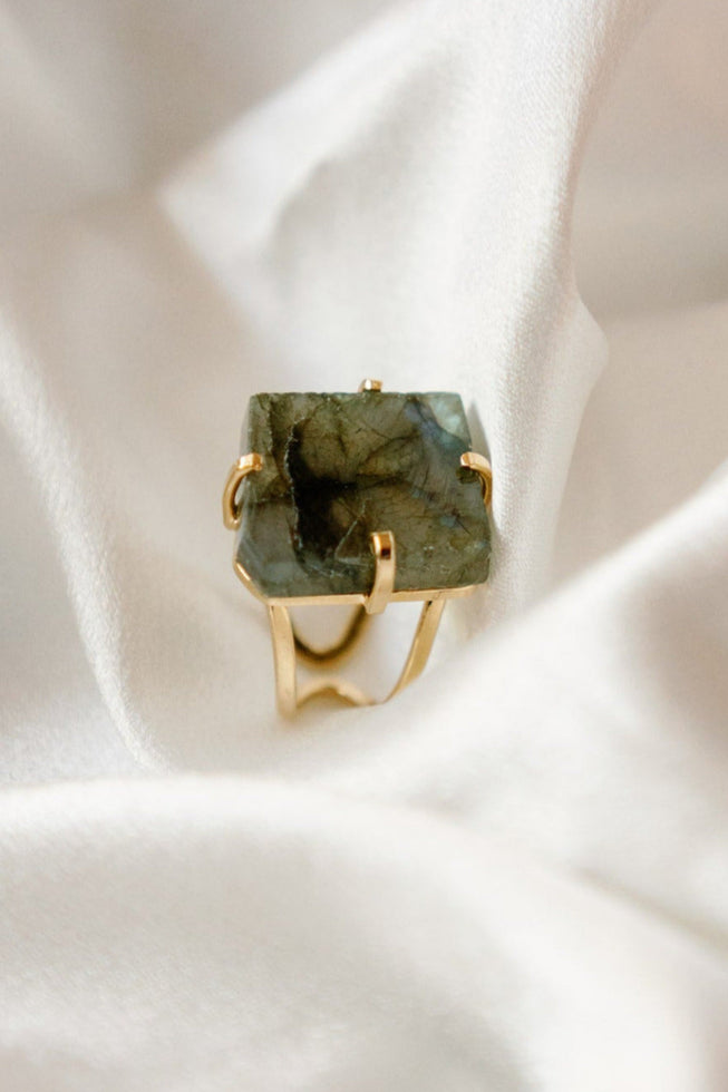 Labradorite Statement Ring — Genuine Natural Stone, 18K Gold Plated, Adjustable Band
