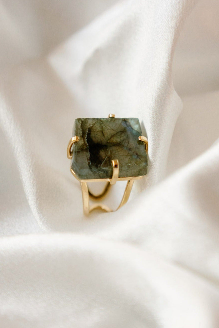 Labradorite Statement Ring — Genuine Natural Stone, 18K Gold Plated, Adjustable Band