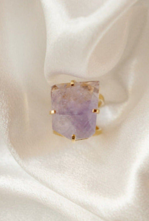 Amethyst Faceted Ring — 18K Gold Plated, Genuine Natural Gemstone Statement Jewelry