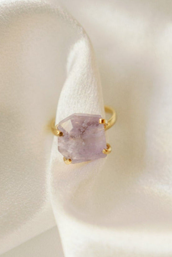 Genuine Brazilian Quartz Solitaire Ring — Freeform Faceted Stone, Adjustable 18K Gold Plated Band
