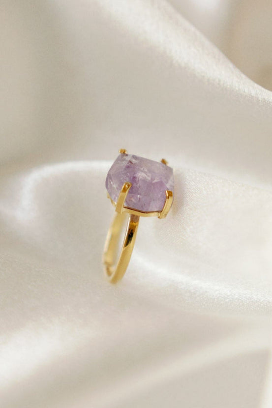 Genuine Brazilian Quartz Solitaire Ring — Freeform Faceted Stone, Adjustable 18K Gold Plated Band