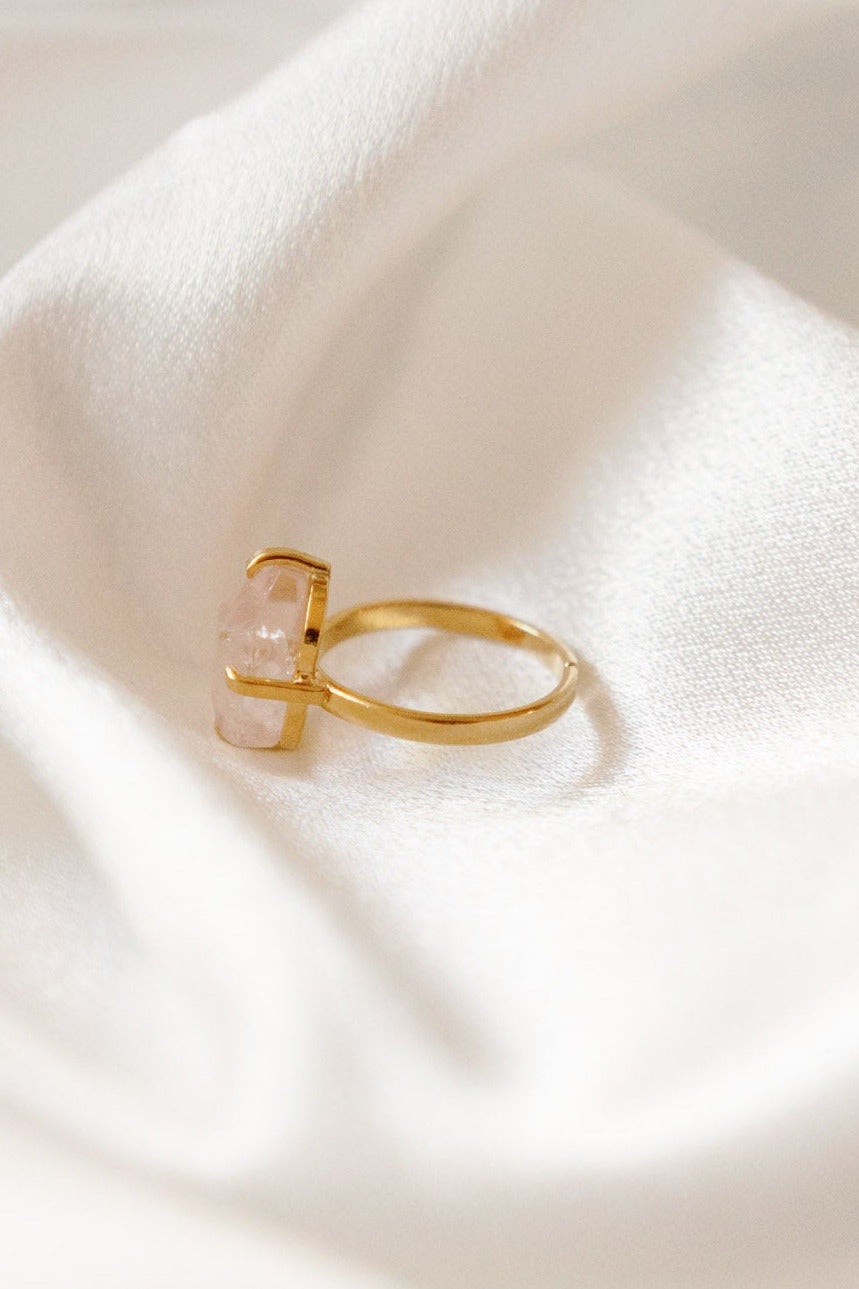 Rose Quartz Solitaire Ring — Free-Form Faceted Gemstone, 18K Gold Plated