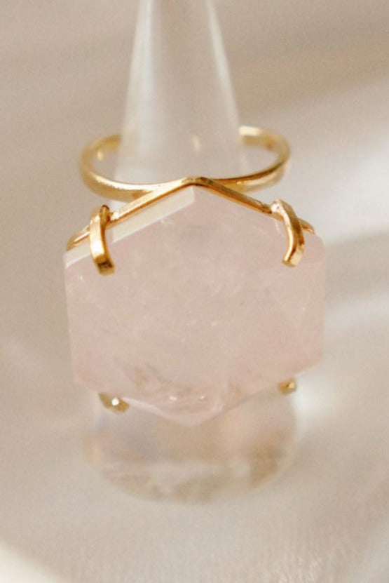 Rose Quartz Cocktail Ring — Large Hexagon Faceted Gemstone, 18K Gold Plated Statement Jewelry for Special Occasions