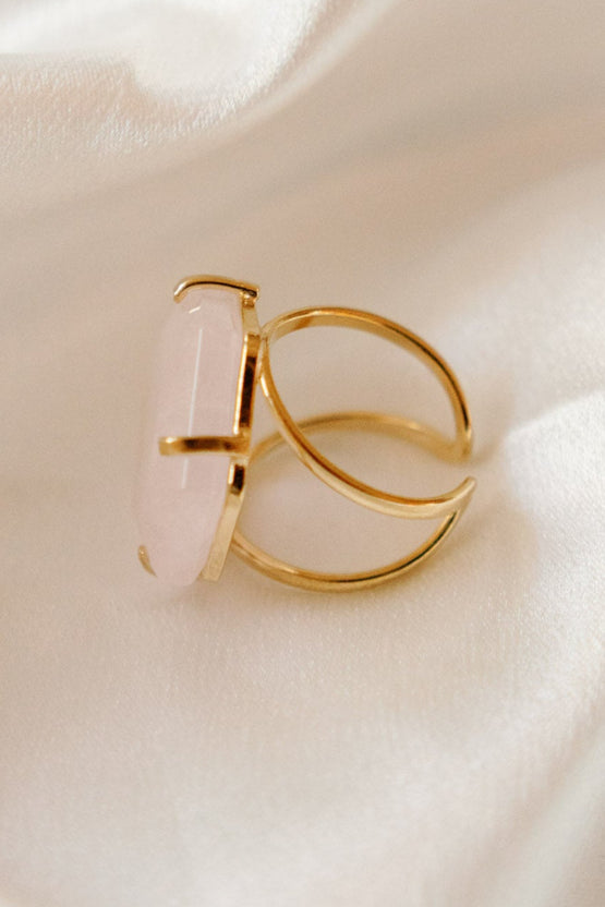 Rose Quartz Cocktail Ring — Large Hexagon Faceted Gemstone, 18K Gold Plated Statement Jewelry for Special Occasions