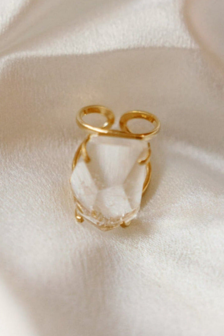 Clear Quartz Statement Ring — 18K Gold Plated, Genuine Natural Gemstone Adjustable Jewelry