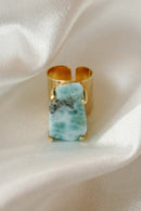Larimar Cocktail Cuff Ring — Genuine Caribbean Gemstone, 18K Gold Plated, Adjustable Statement Jewelry