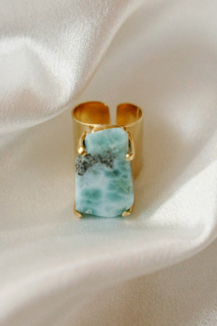 Larimar Cocktail Cuff Ring — Genuine Caribbean Gemstone, 18K Gold Plated, Adjustable Statement Jewelry