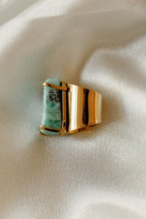 Larimar Cocktail Cuff Ring — Genuine Caribbean Gemstone, 18K Gold Plated, Adjustable Statement Jewelry