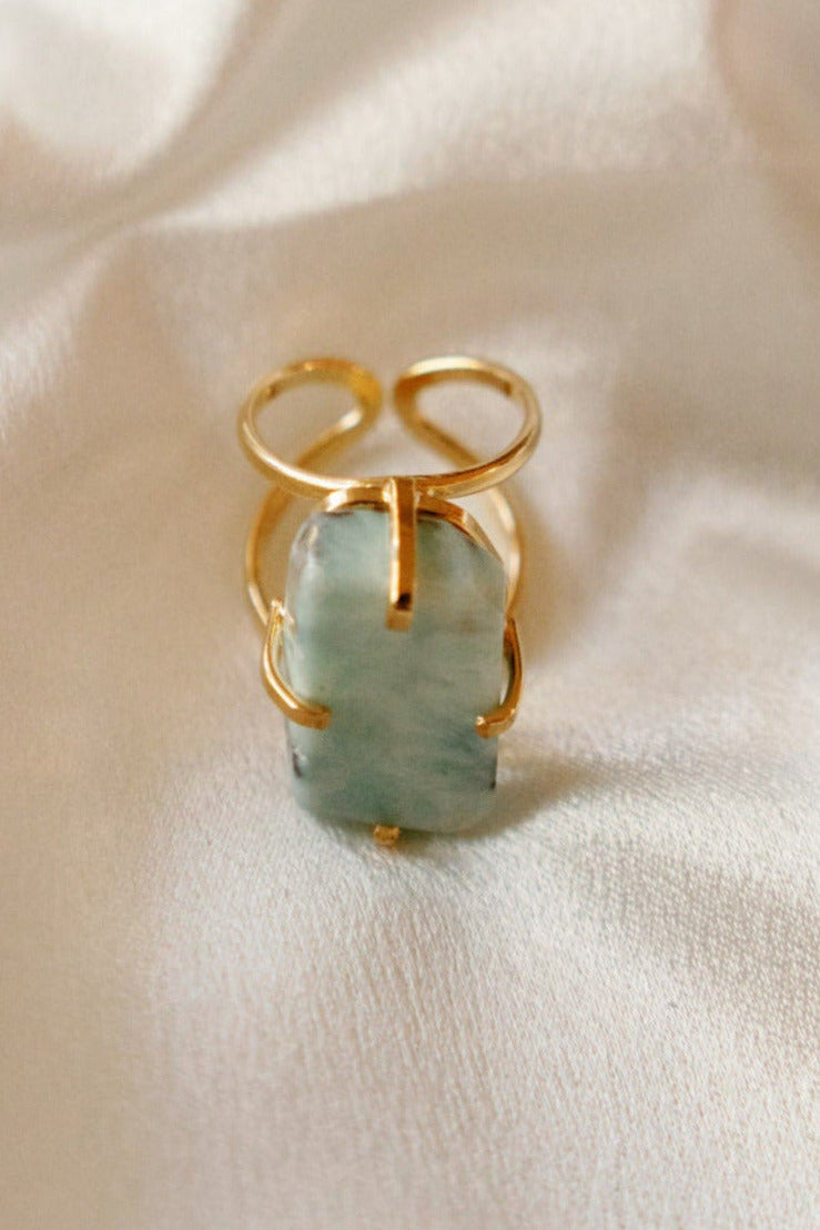 Larimar Open Cuff Ring — Arc Design with Genuine Caribbean Stone, 18K Gold Plated & Adjustable