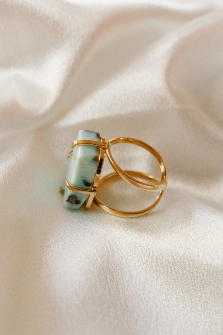 Larimar Open Cuff Ring — Arc Design with Genuine Caribbean Stone, 18K Gold Plated & Adjustable
