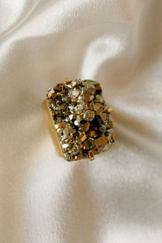 Rectangular Pyrite Statement Cocktail Ring — Genuine Natural Stone, 18K Gold Plated, Adjustable Band