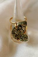 Moon-Shaped Pyrite Statement Ring — Genuine Natural Stone, 18K Gold Plated, Adjustable Band