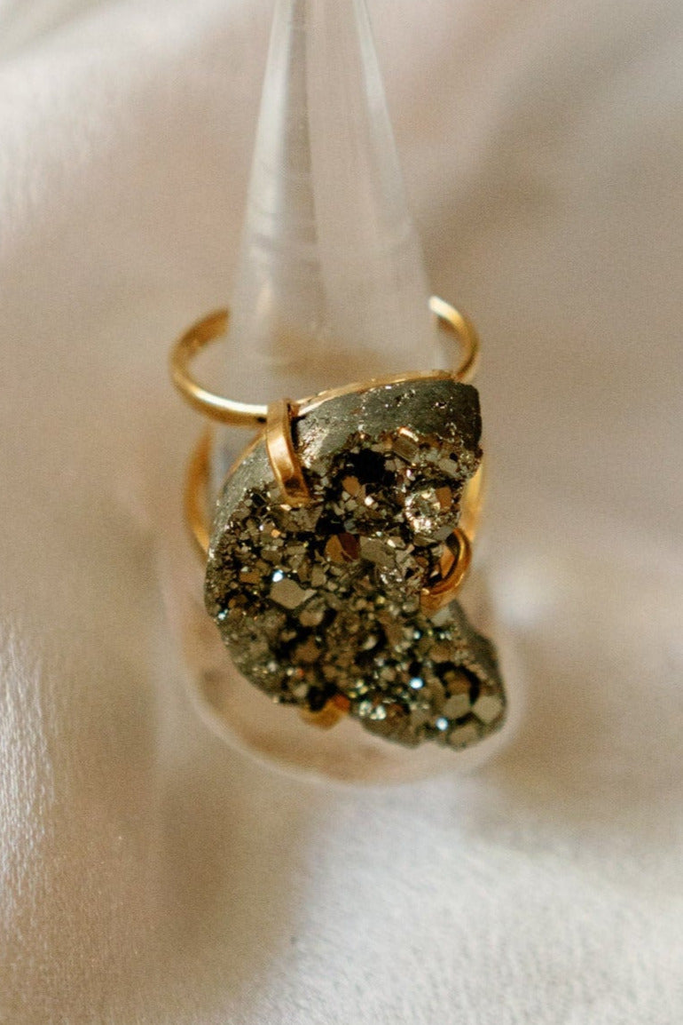 Moon-Shaped Pyrite Statement Ring — Genuine Natural Stone, 18K Gold Plated, Adjustable Band