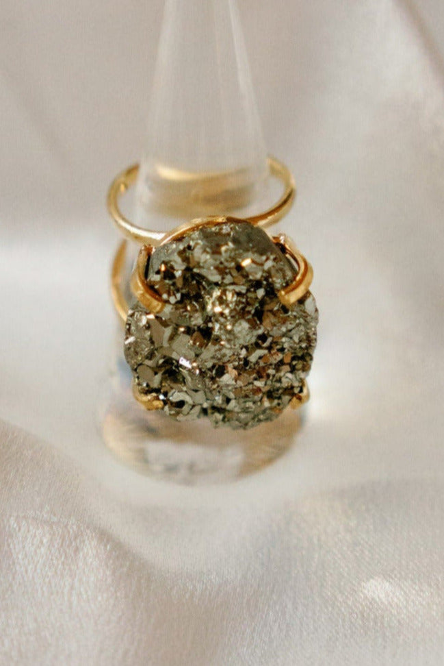 Round Pyrite Statement Cocktail Ring — Genuine Natural Stone, 18K Gold Plated, Adjustable Band