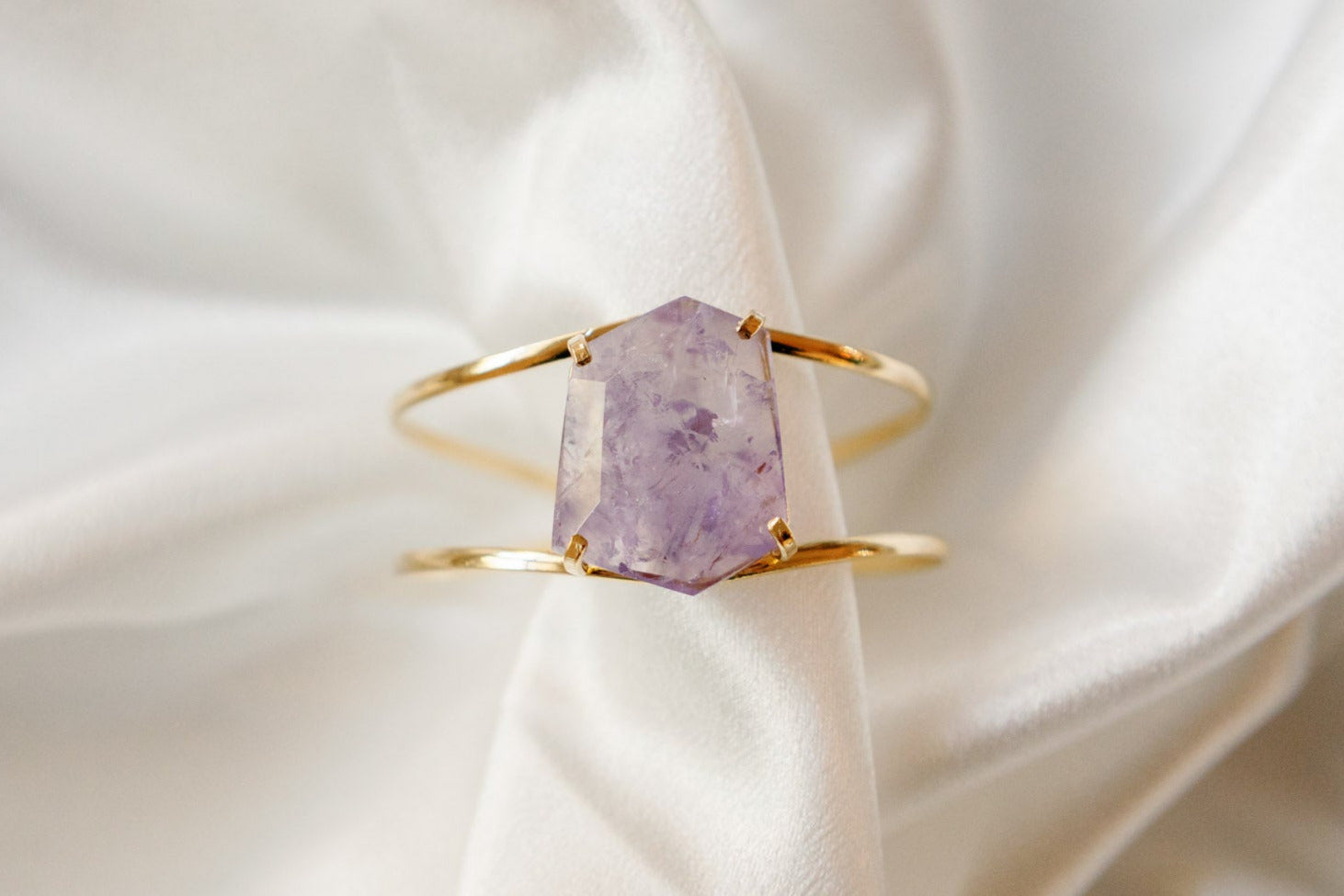 Amethyst Statement Cuff Bracelet — 18K Gold Plated with Genuine Free-Form Faceted Stone, Adjustable & Hypoallergenic