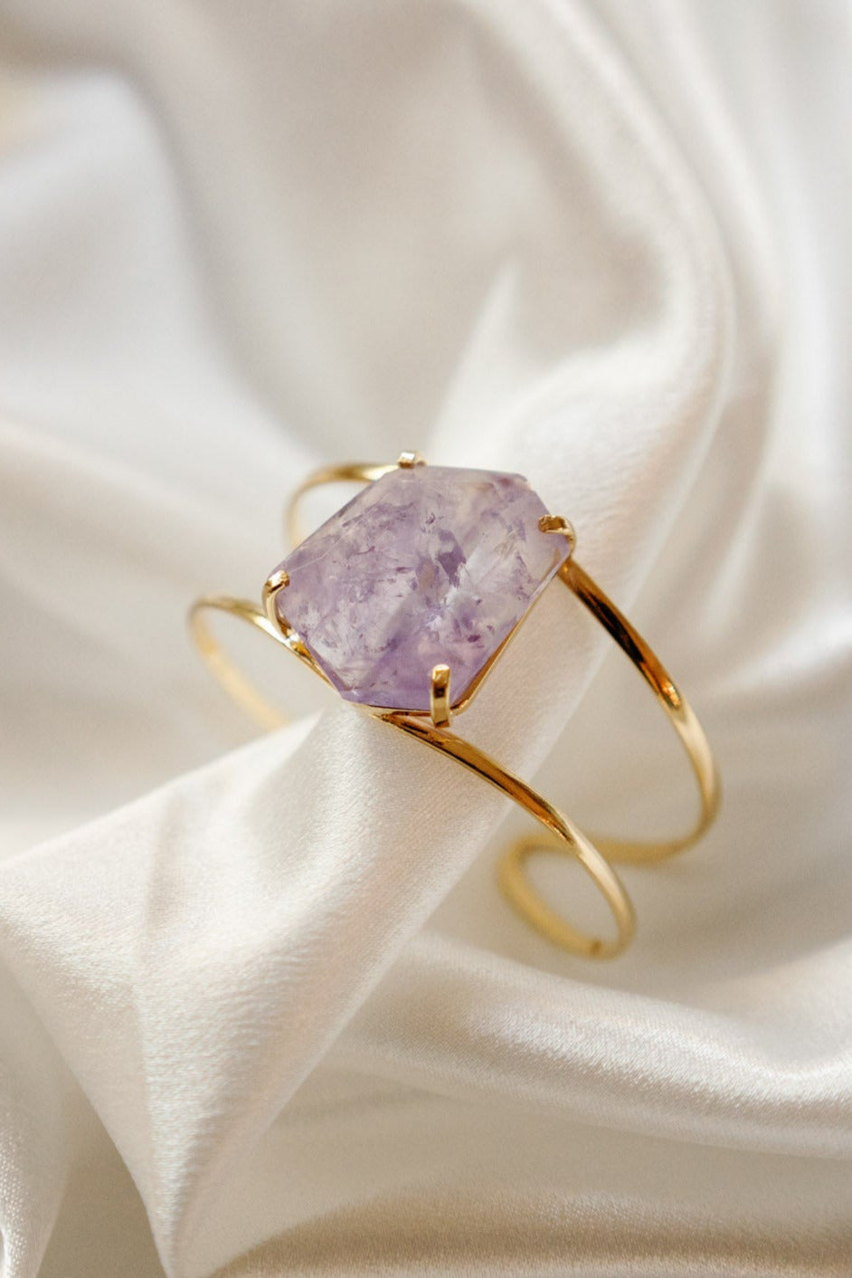 Amethyst Statement Cuff Bracelet — 18K Gold Plated with Genuine Free-Form Faceted Stone, Adjustable & Hypoallergenic