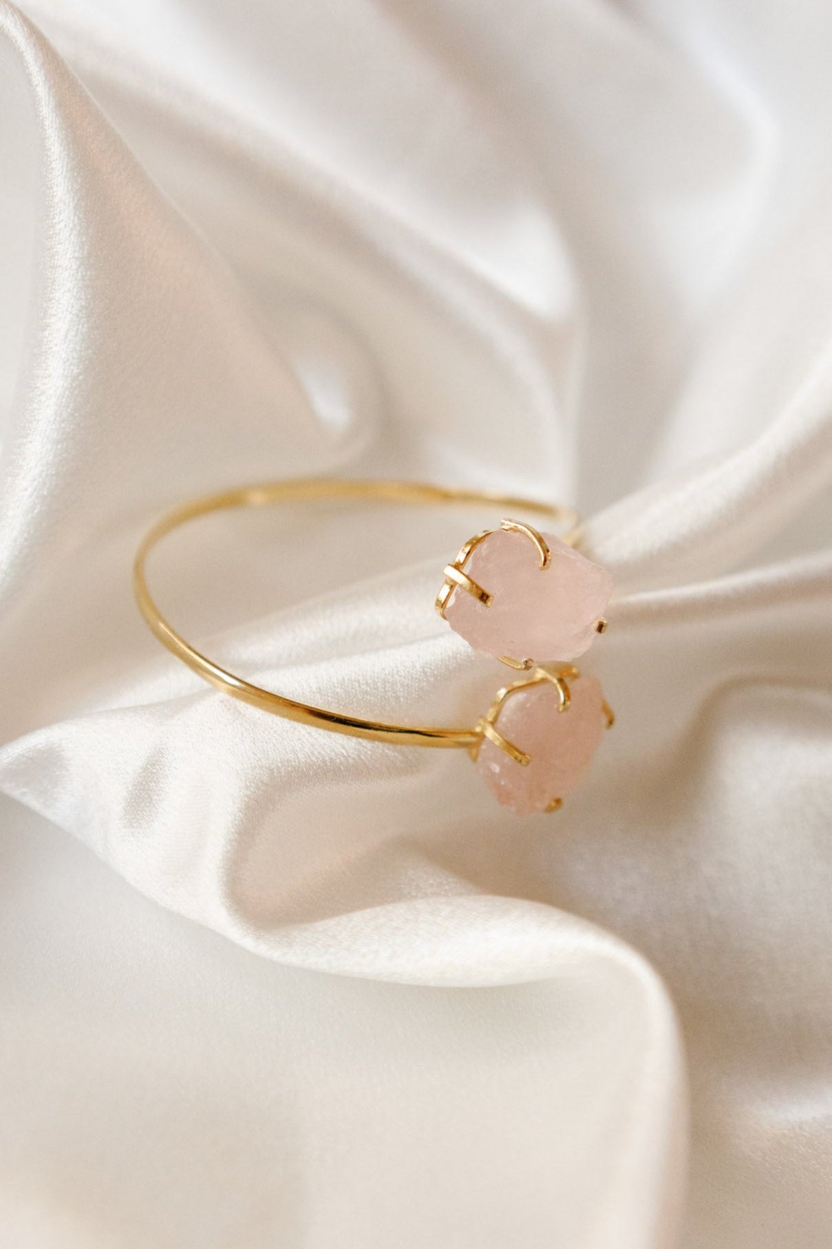 Rose Quartz Open Bangle Bracelet — 18K Gold Plated with Two Raw Rose Quartz Stones, Adjustable & Hypoallergenic