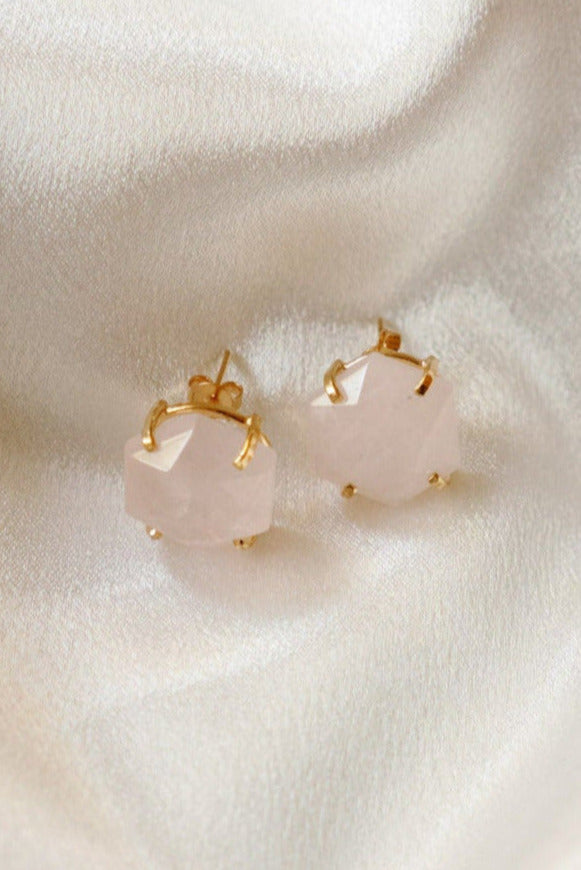 Rose Quartz Hexagon Statement Stud Earrings — 18K Gold Plated, Natural Gemstone Jewelry