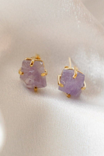 Stud Earrings Free-Form Faceted  – Genuine Clear Quartz or Amethyst in 18K Gold-Plated, Hypoallergenic
