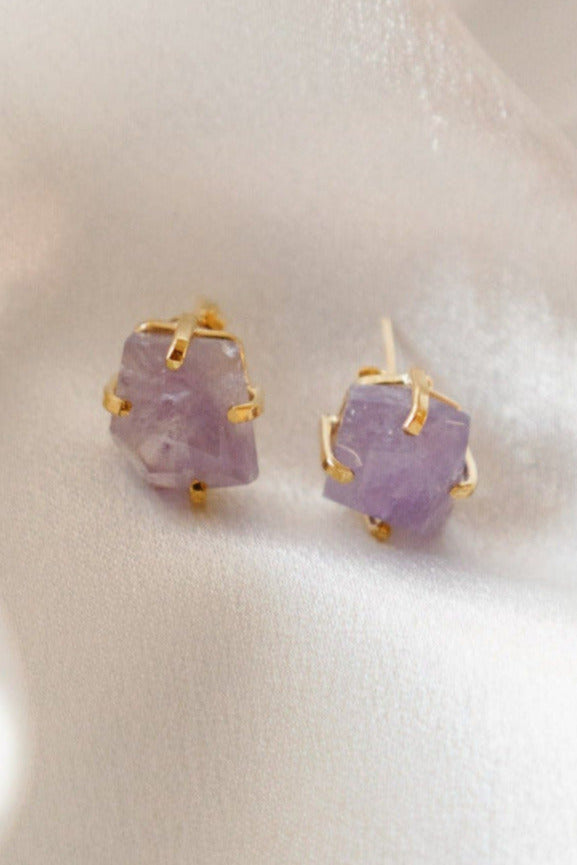 Stud Earrings Free-Form Faceted  – Genuine Clear Quartz or Amethyst in 18K Gold-Plated, Hypoallergenic