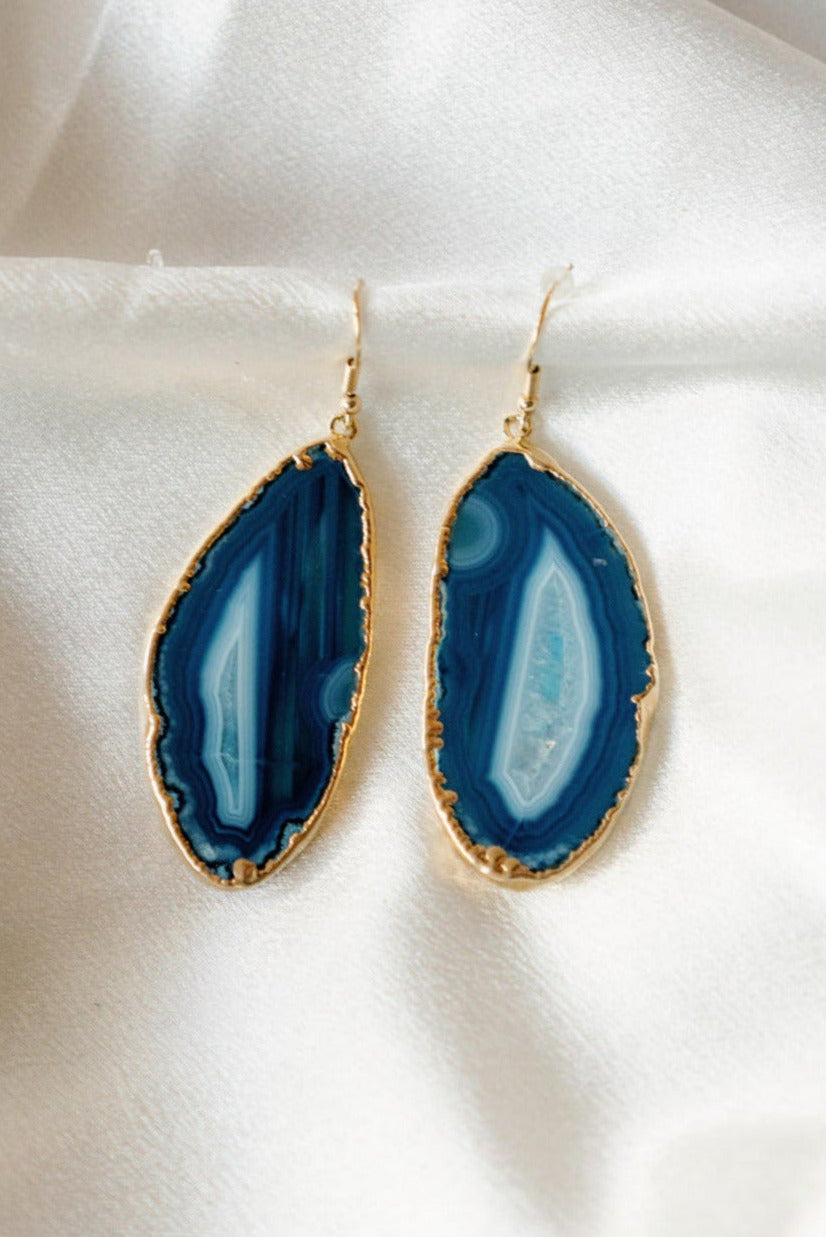 Agate Slice Dangle Earrings — Genuine Natural Stone with 18K Gold Plated Posts & Hand-Painted Edges