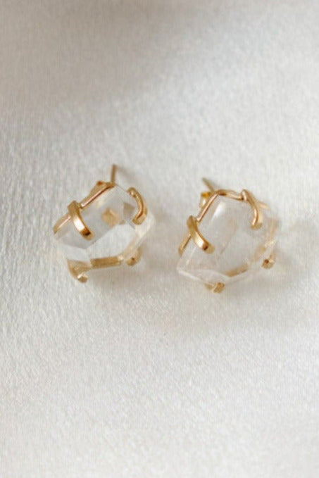 Stud Earrings Free-Form Faceted  – Genuine Clear Quartz or Amethyst in 18K Gold-Plated, Hypoallergenic