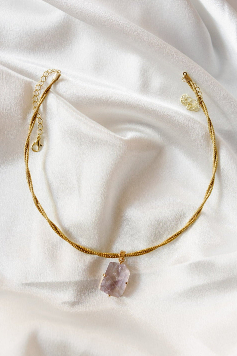 Twisted Golden Grass Choker with Premium Brazilian Amethyst Pendant — Handwoven & 18K Gold Plated