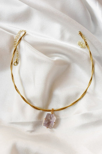 Twisted Golden Grass Choker with Premium Brazilian Amethyst Pendant — Handwoven & 18K Gold Plated