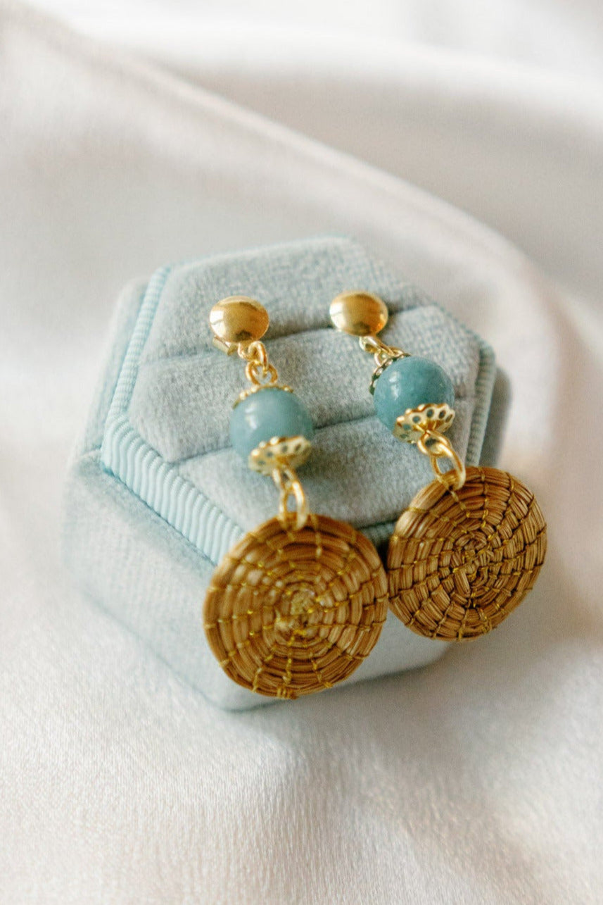 Golden Grass Mandala Earrings with Blue Amazonite — Handwoven in Brazil with 18K Gold Plated Accents