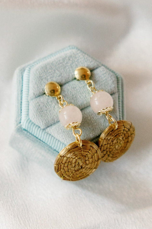 Golden Grass Mandala Earrings with Rose Quartz — Handwoven in Brazil with 18K Gold Plated Accents