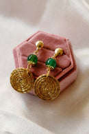 Golden Grass Mandala Earrings with Green Agate — Handwoven in Brazil with 18K Gold Plated Accents