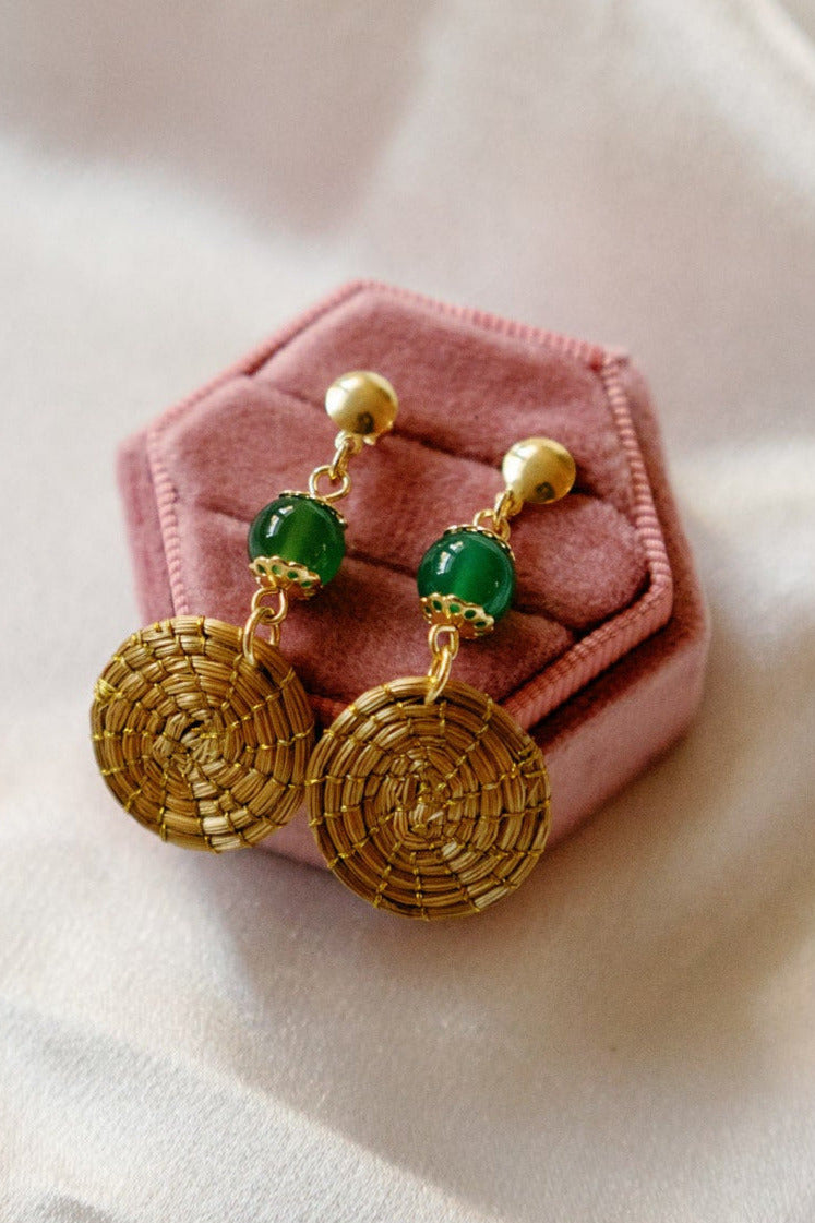 Golden Grass Mandala Earrings with Green Agate — Handwoven in Brazil with 18K Gold Plated Accents