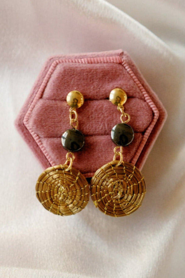 Golden Grass Mandala Earrings with Hematite — Handwoven in Brazil with 18K Gold Plated Accents