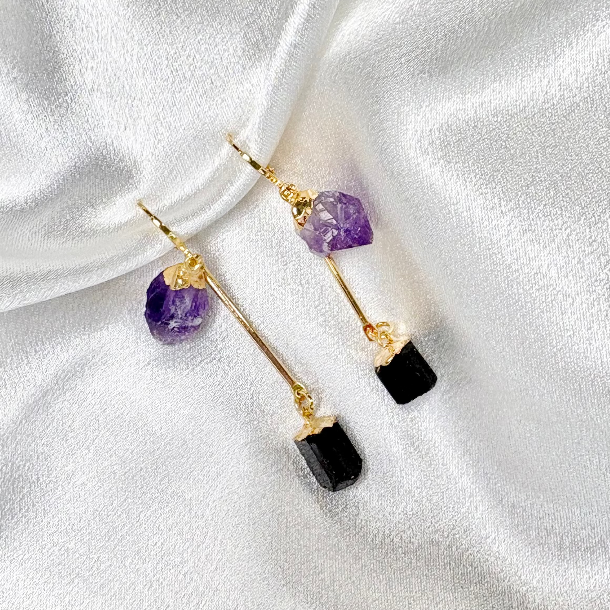 aura earrings raw amethyst and black tourmaline loop through 18k gold plated handcrafted by AquaBrasil