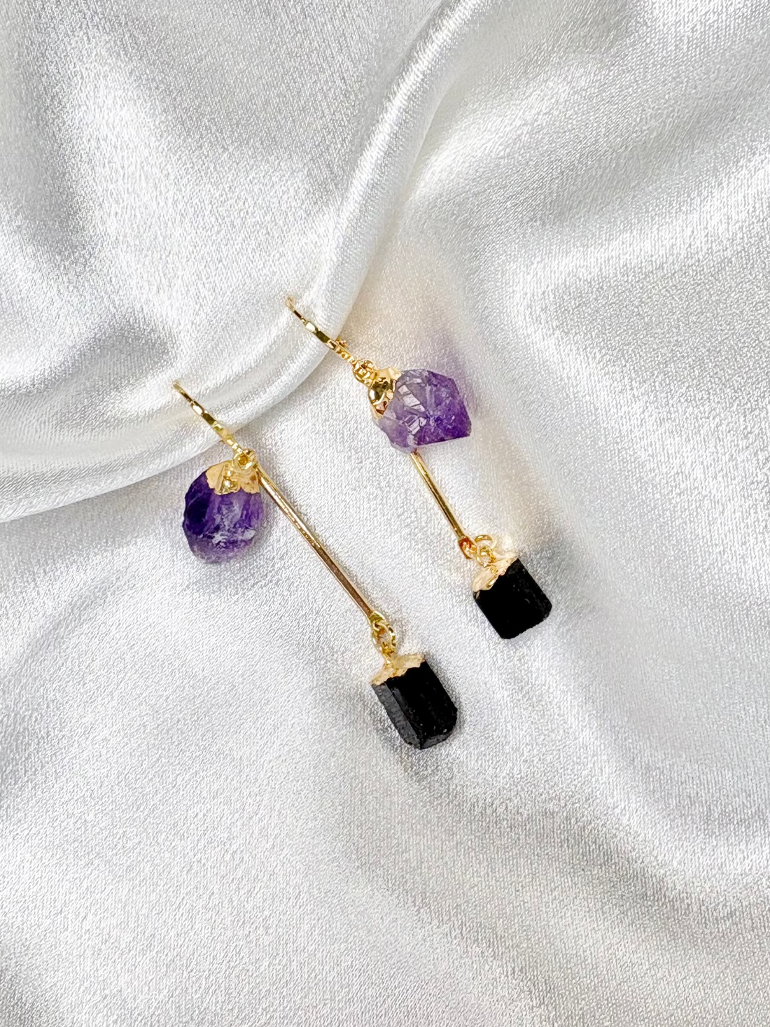 aura earrings raw amethyst and black tourmaline loop through 18k gold plated handcrafted by AquaBrasil