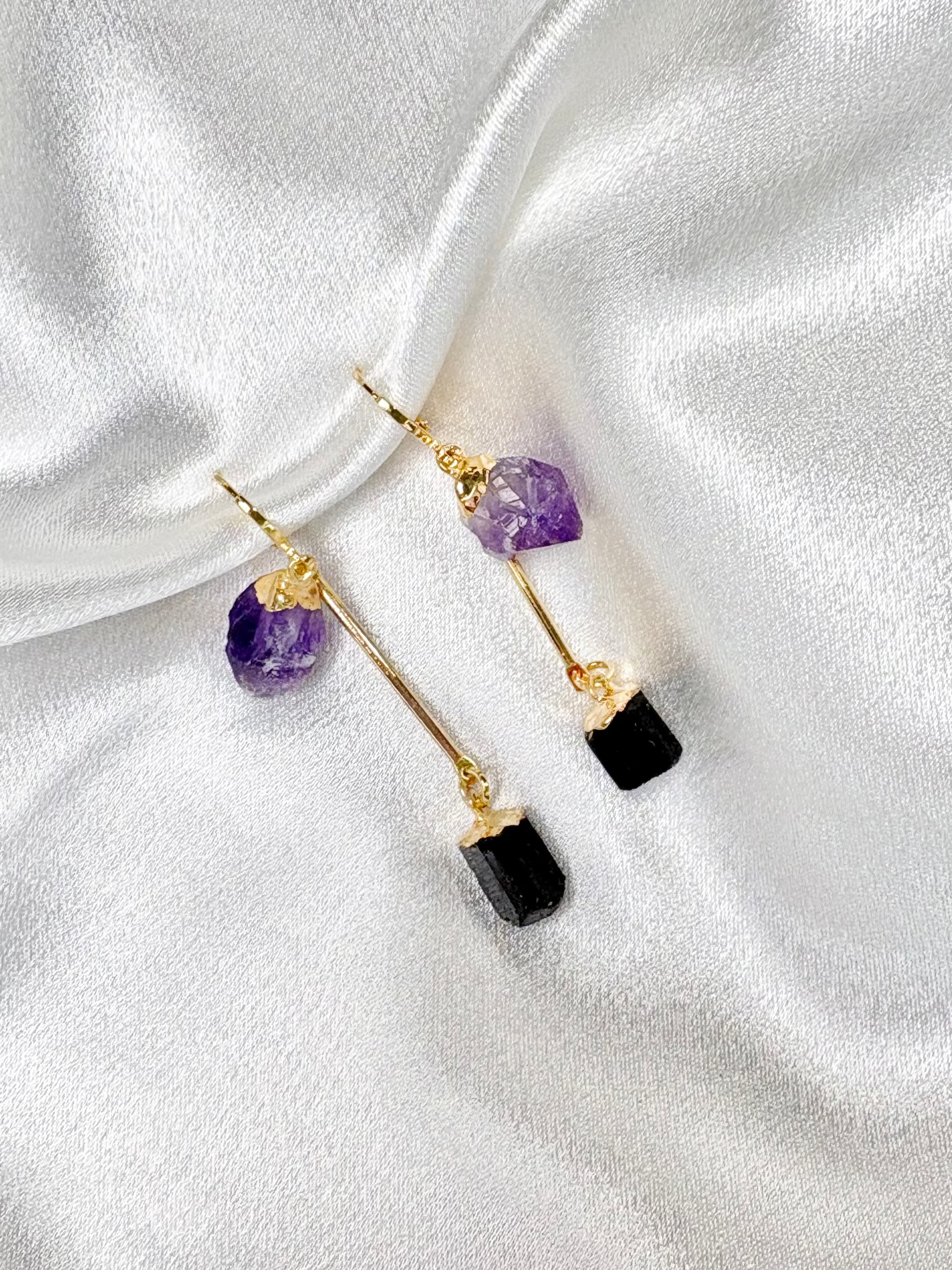 aura earrings raw amethyst and black tourmaline loop through 18k gold plated handcrafted by AquaBrasil