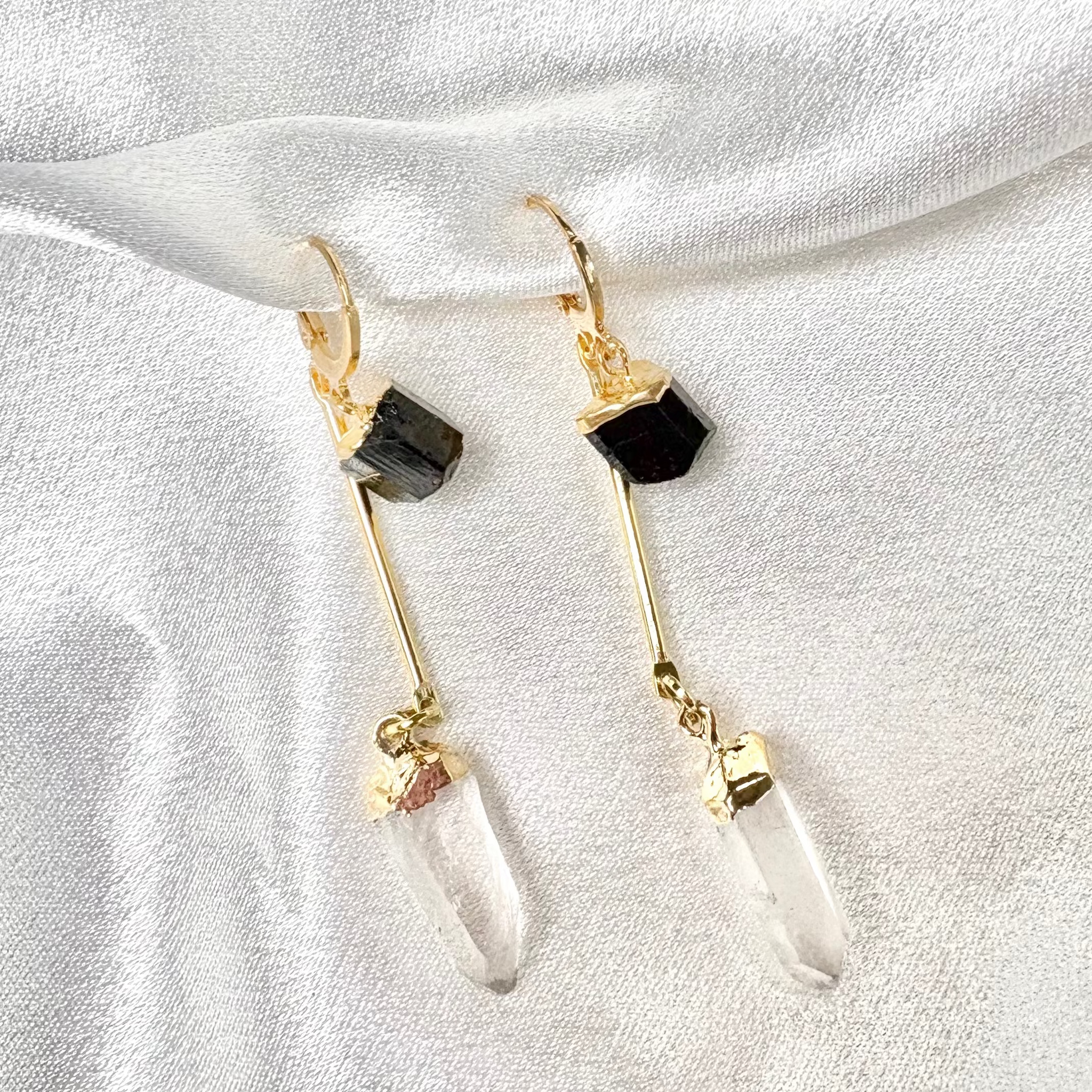 luzia earrings black tourmaline and clear quartz loop through 18k gold plated handcrafted by AquaBrasil