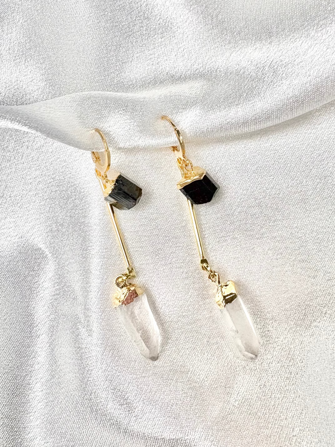 luzia earrings black tourmaline and clear quartz loop through 18k gold plated handcrafted by AquaBrasil