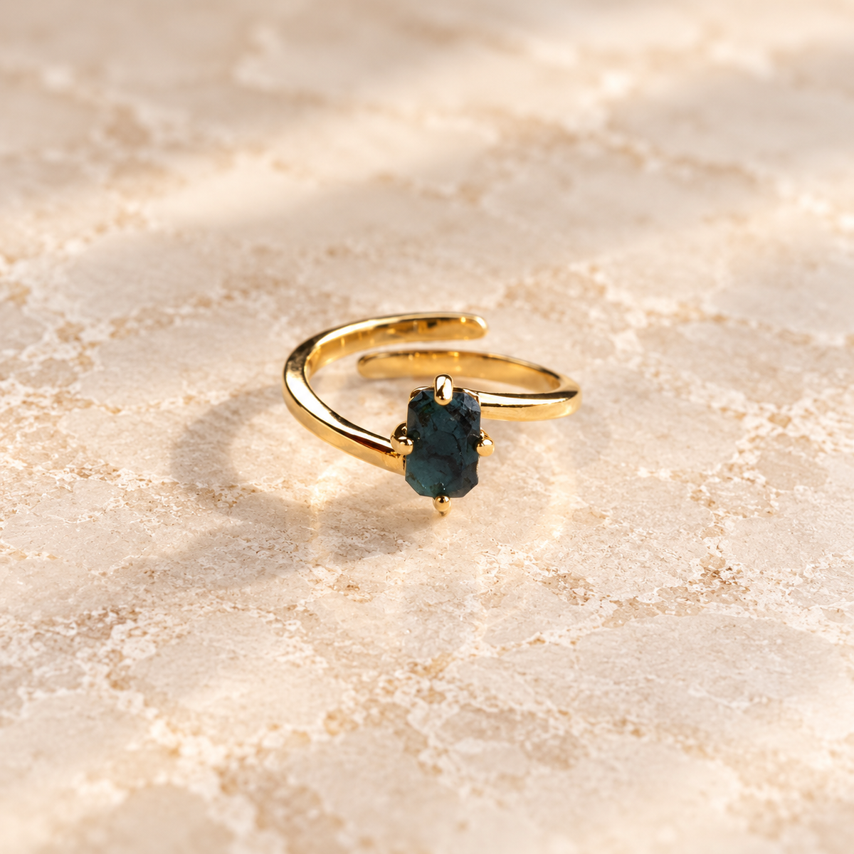 Natural Emerald rectangular faceted solitaire ring with 18K gold-plated adjustable band