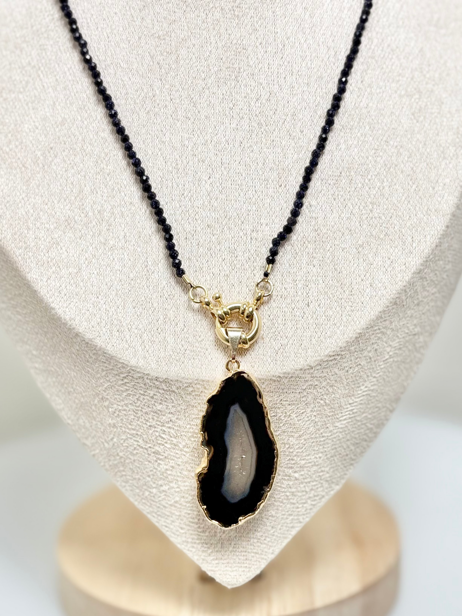 obsidian choker layered with black agate slice pendant 18k gold plated
