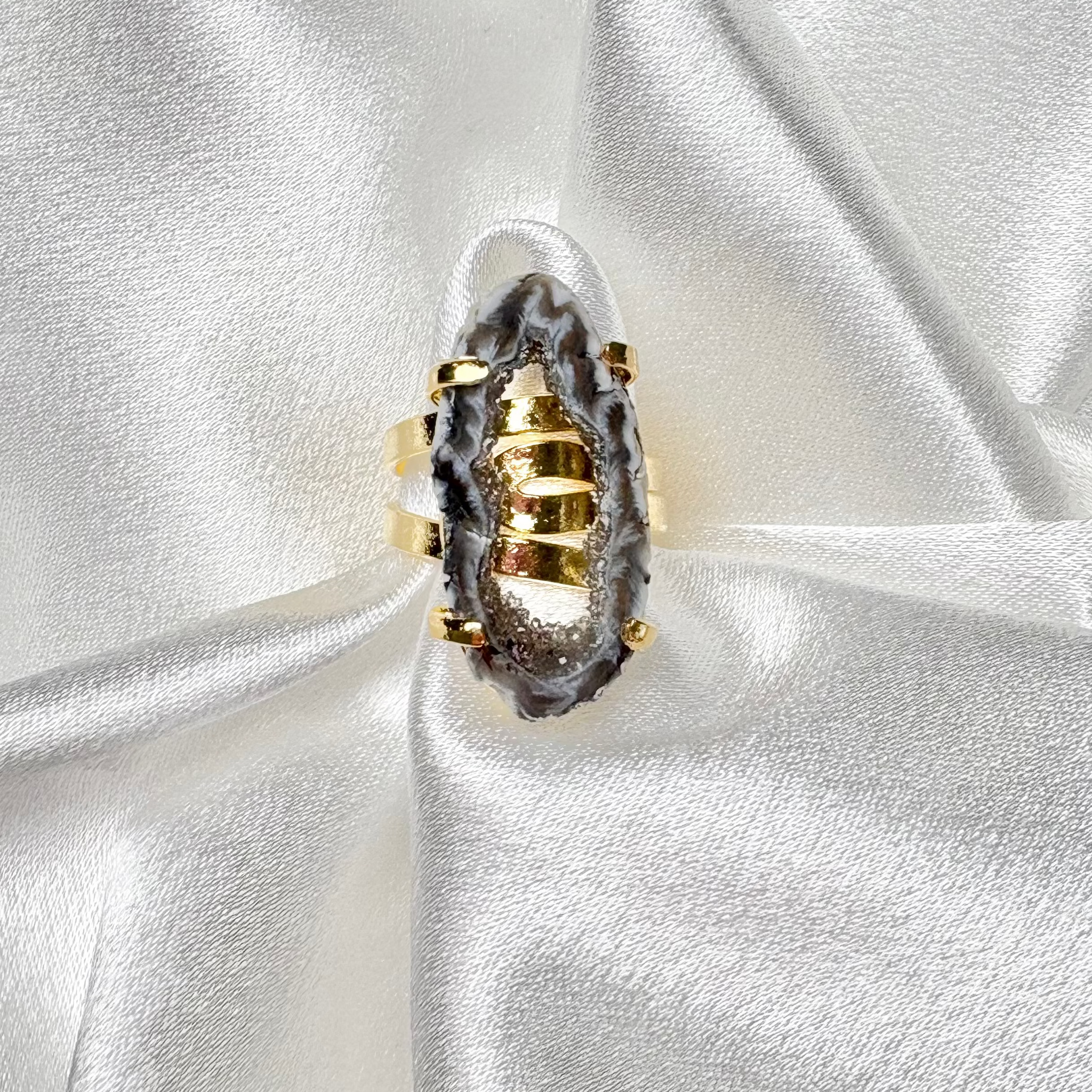 dark geode slice ring on 18k gold plated adjustable band handcrafted by AquaBrasil