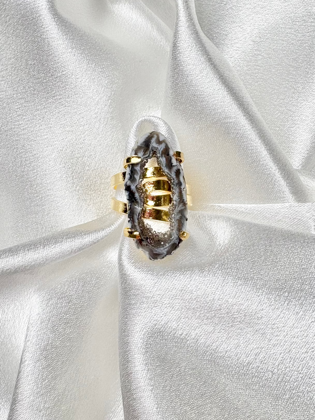 dark geode slice ring on 18k gold plated adjustable band handcrafted by AquaBrasil