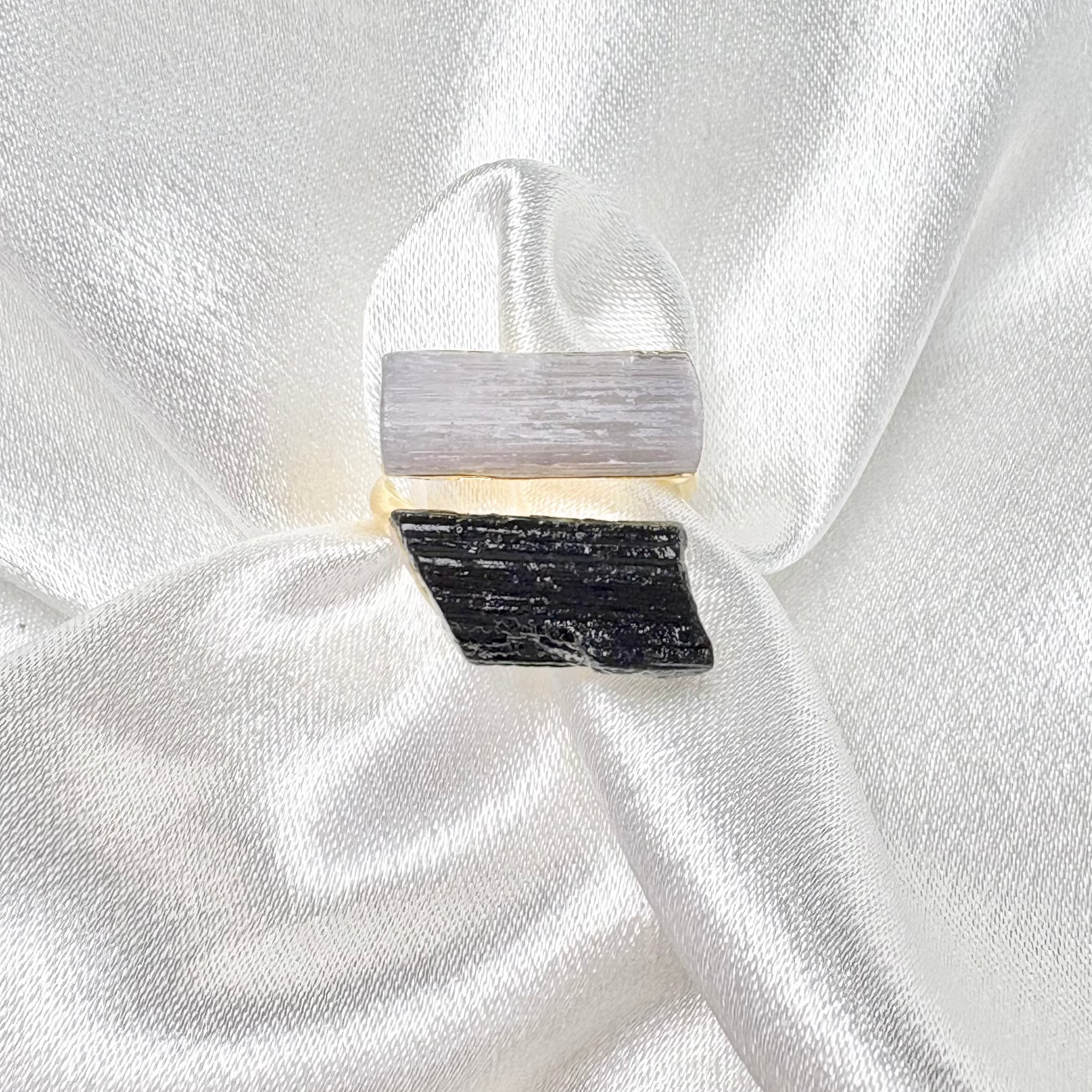 Black tourmaline and clear quartz dual ring on 18k gold plated adjustable band handcrafted by AquaBrasil