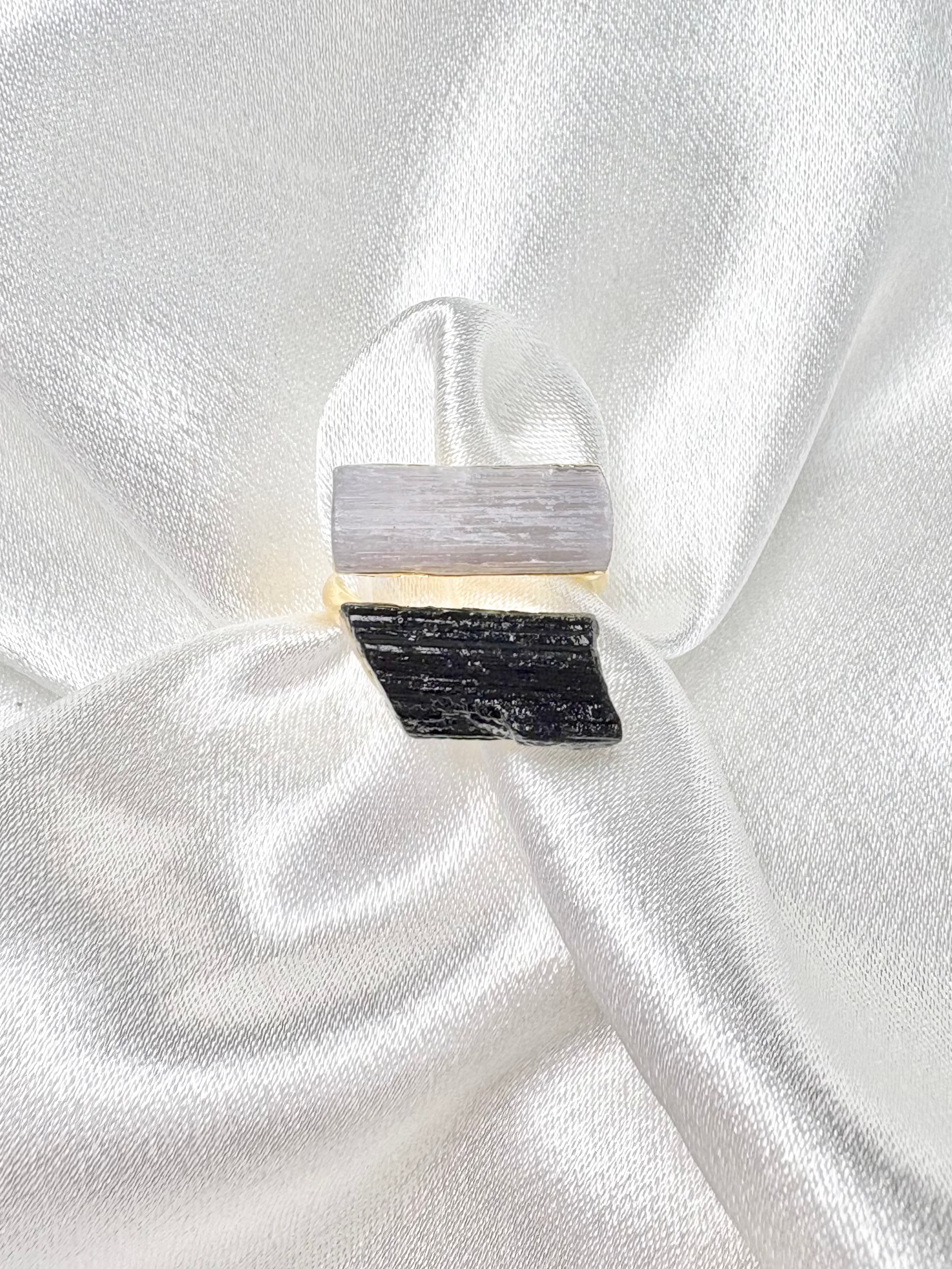 Black tourmaline and clear quartz dual ring on 18k gold plated adjustable band handcrafted by AquaBrasil