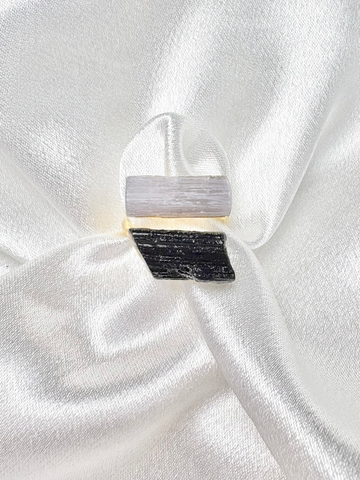 Black tourmaline and clear quartz dual ring on 18k gold plated adjustable band handcrafted by AquaBrasil
