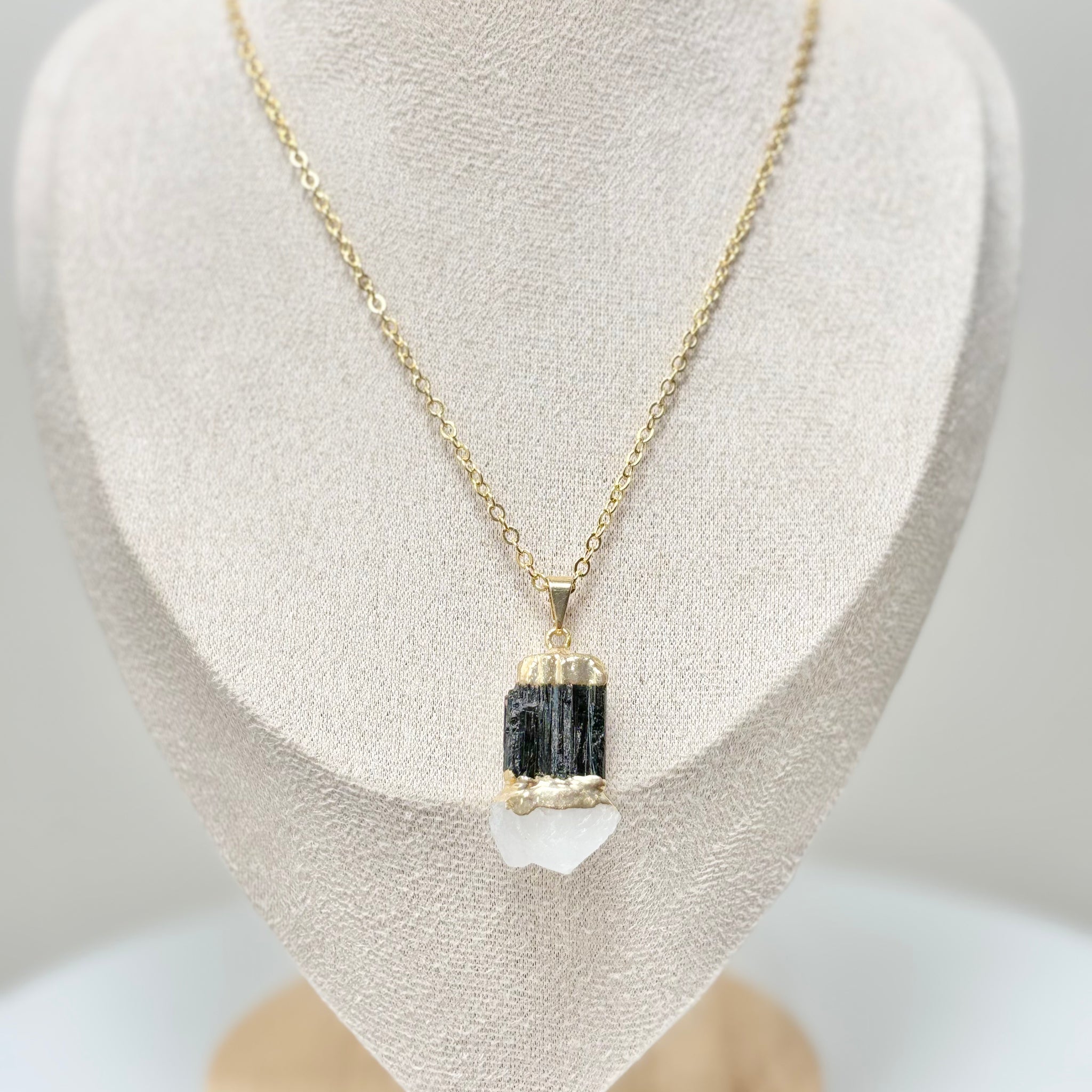 Black tourmaline and clear quartz bonded pendant necklace on 18k gold plated chain handcrafted by AquaBrasil