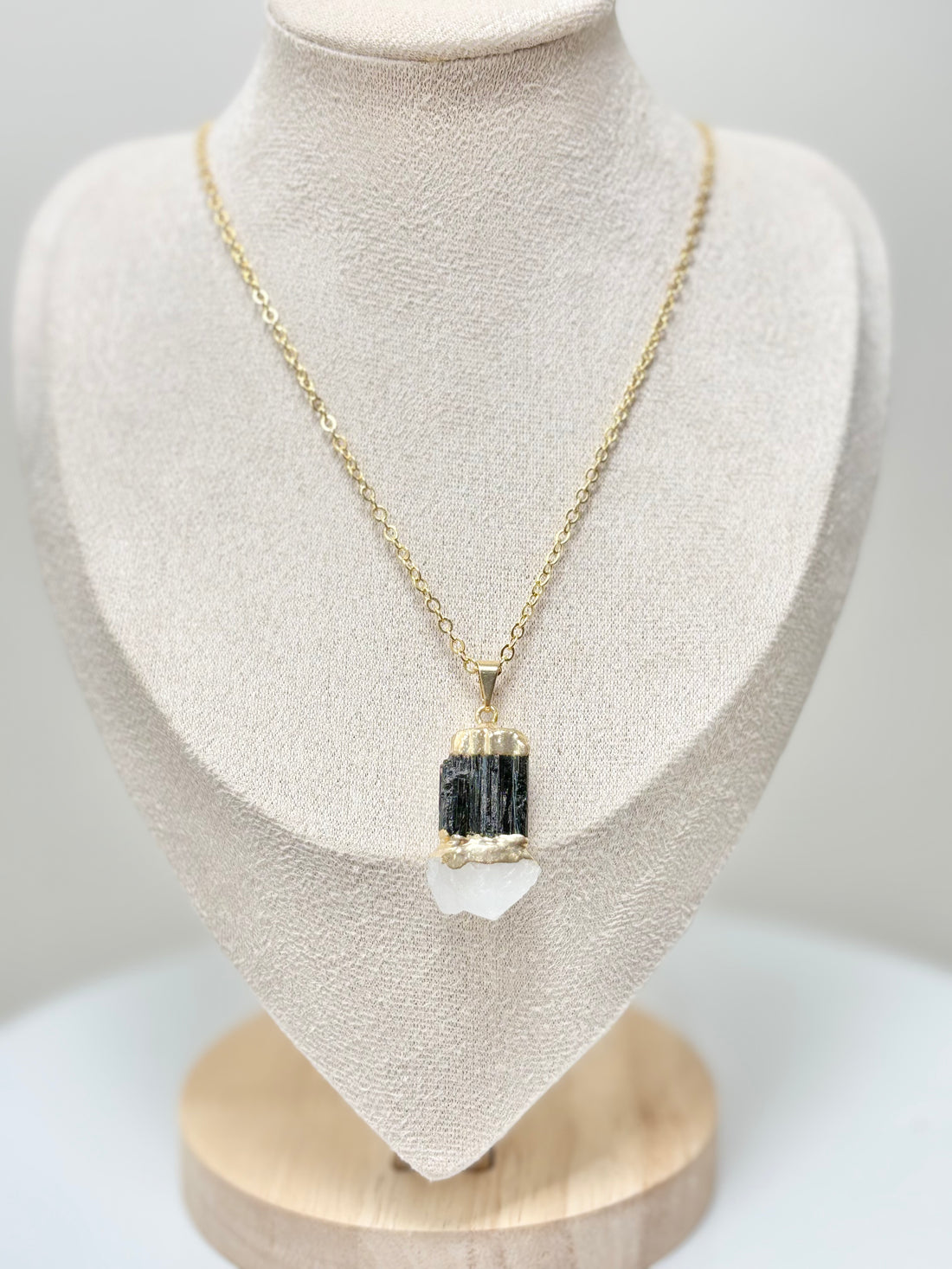 Black tourmaline and clear quartz bonded pendant necklace on 18k gold plated chain handcrafted by AquaBrasil