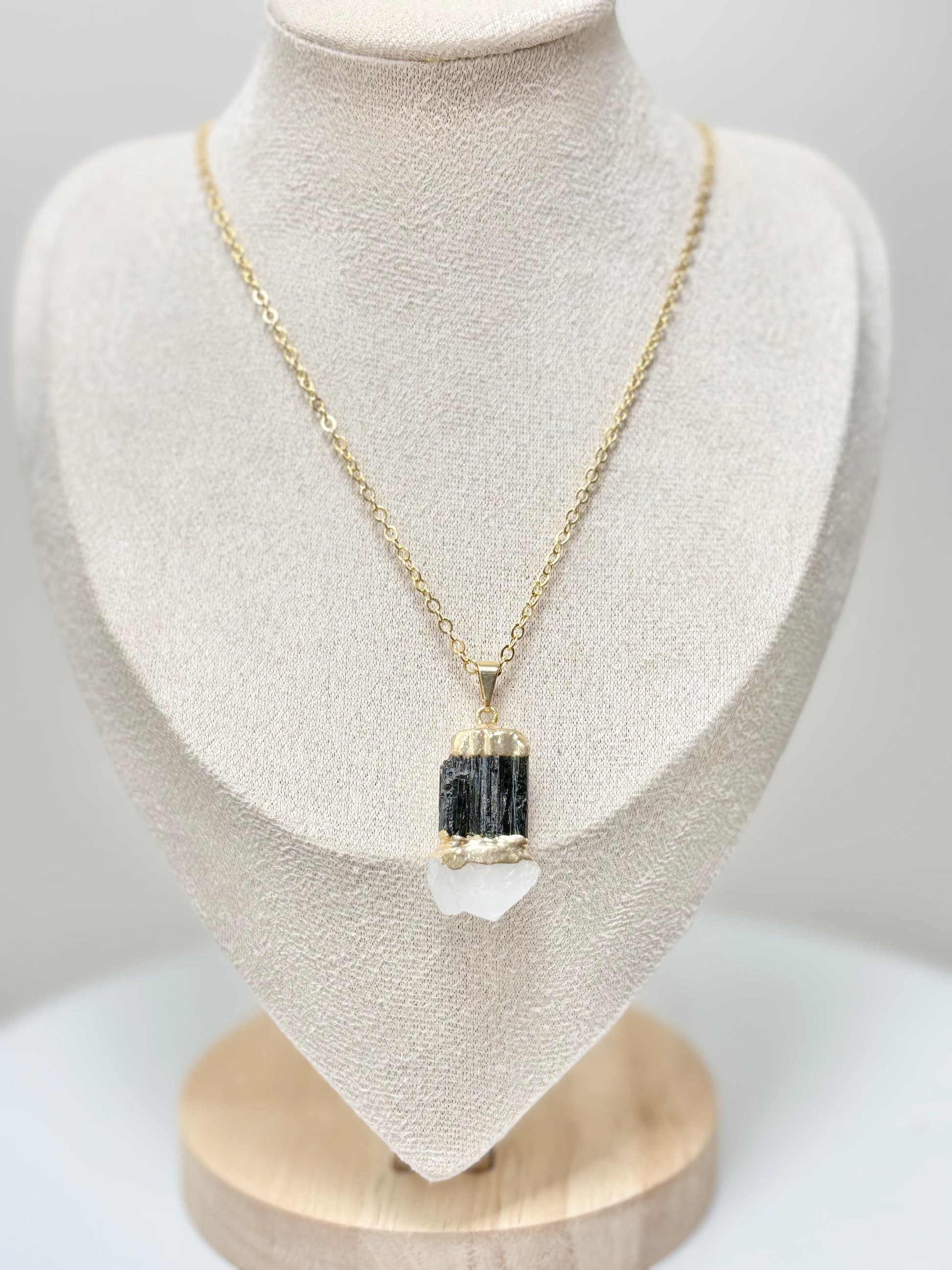 Black tourmaline and clear quartz bonded pendant necklace on 18k gold plated chain handcrafted by AquaBrasil