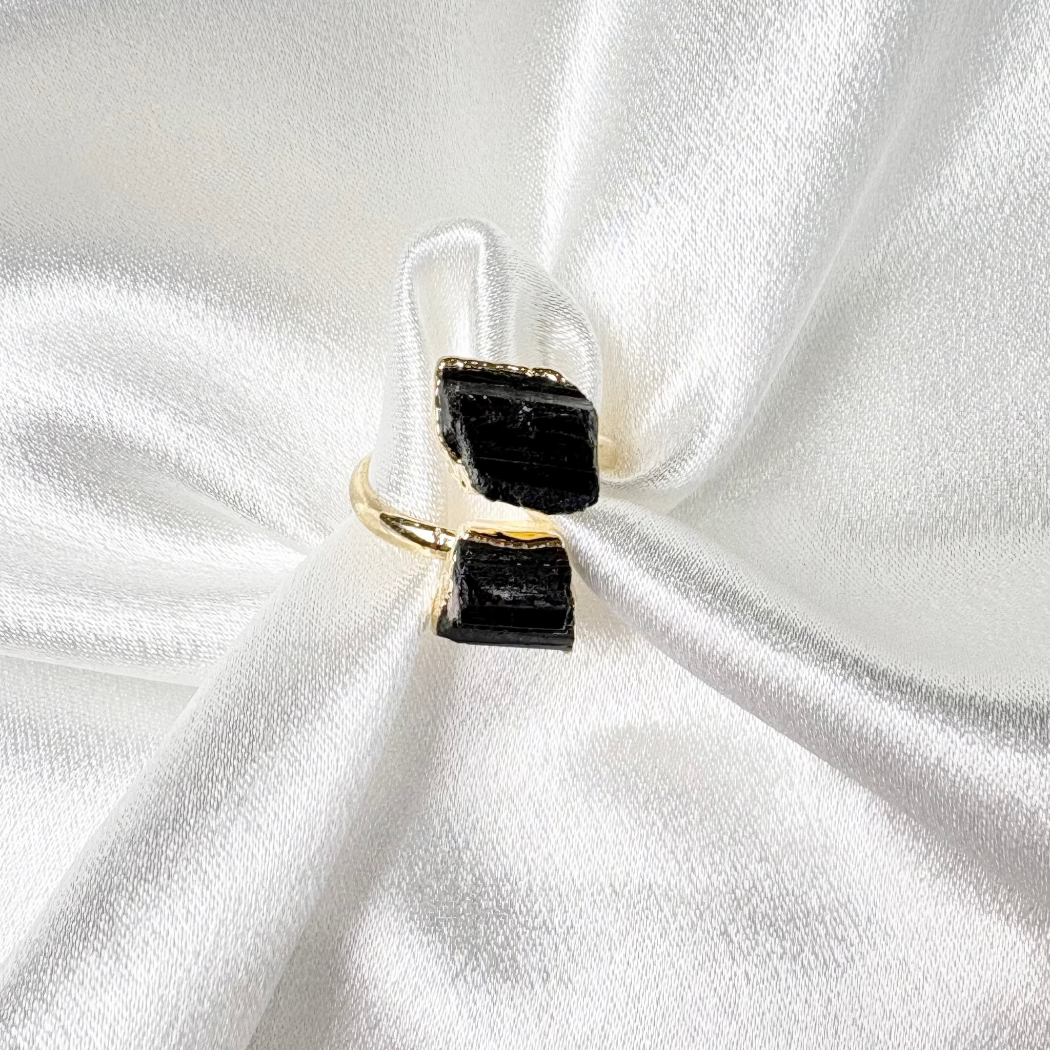 black tourmaline dual ring two stones on 18k gold plated adjustable band handcrafted by AquaBrasil