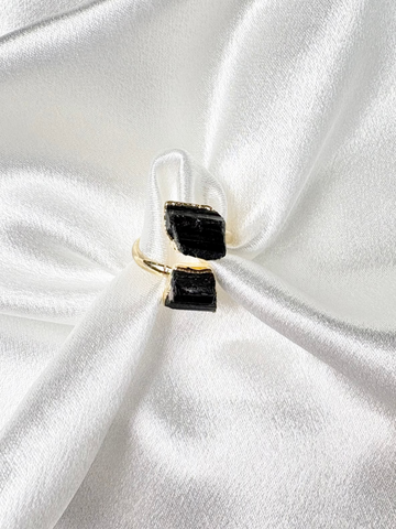 black tourmaline dual ring two stones on 18k gold plated adjustable band handcrafted by AquaBrasil